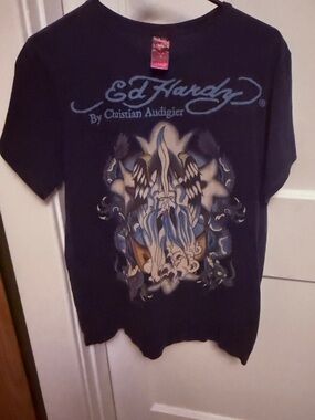 Ed Hardy Navy Blue Short Sleeve Tee with Angel Graphic